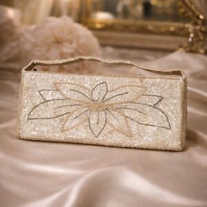 Vintage Elegant Cream Beaded Clutch Flower Japan Evening Date Purse Handbag